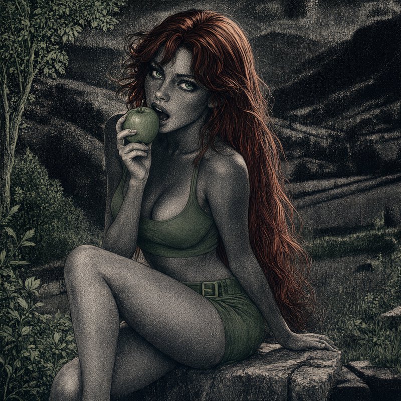 Stylized Eve with long wavy red hair holds a green apple while seated on a stone in a garden landscape