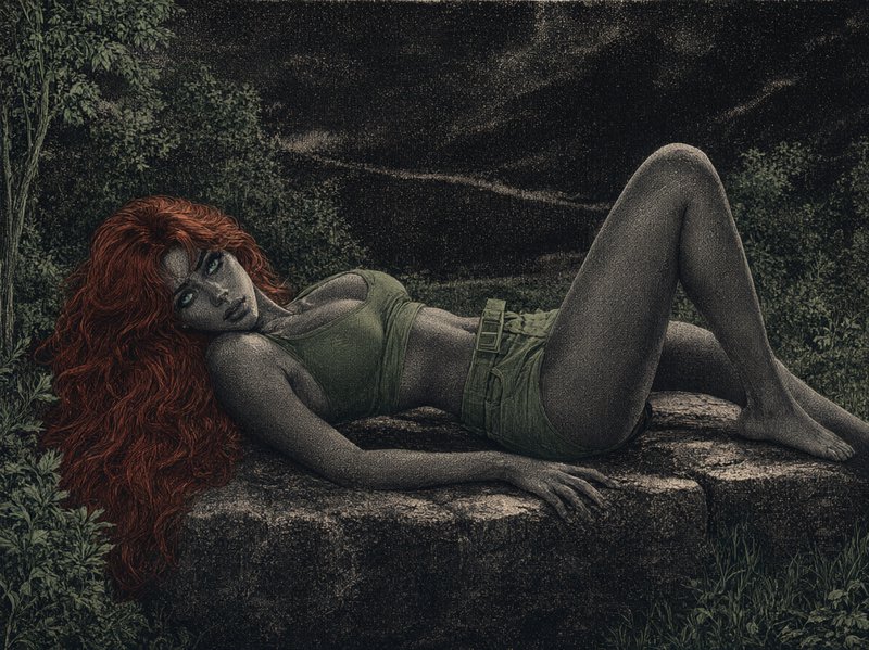 Woman with long curly red hair reclines on a rough stone ledge surrounded by dark forest foliage