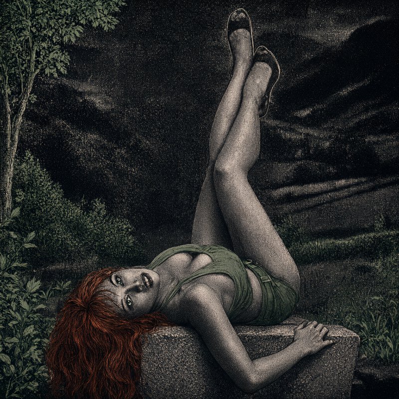 Red haired woman reclines on a stone plinth with raised legs against a dark moody rural landscape