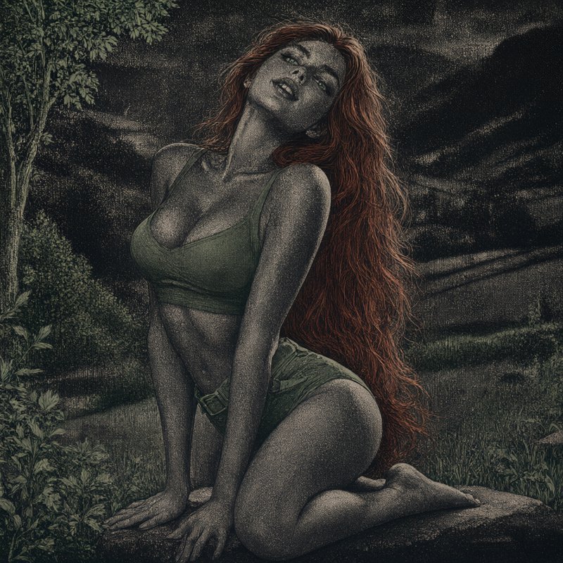 Stippled illustration of a woman with long red hair kneeling on a rock in a forest clearing