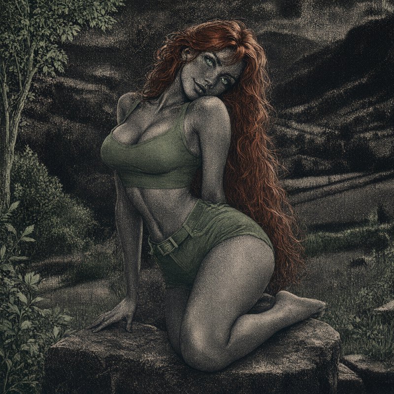 Red haired woman in green clothing kneels on a rock looking directly at the viewer