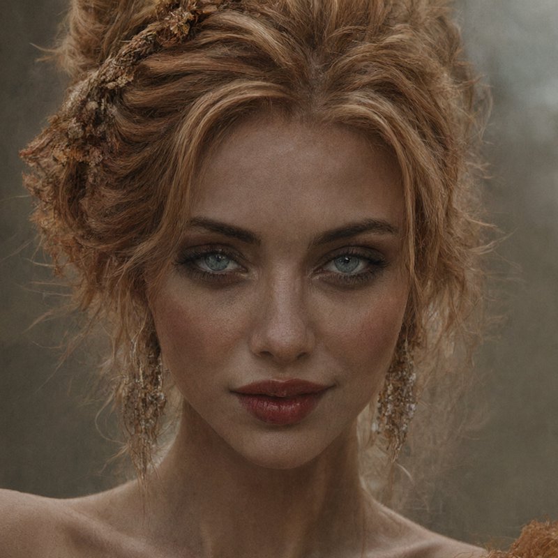 Close-up fine art portrait of a blonde woman with bright blue eyes and rustic gilded hair accesso...