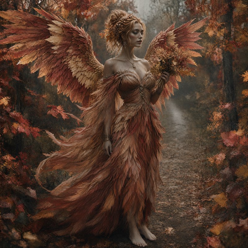 Ethereal winged autumn fairy in a leaf gown stands barefoot on a misty forest path holding a foli...