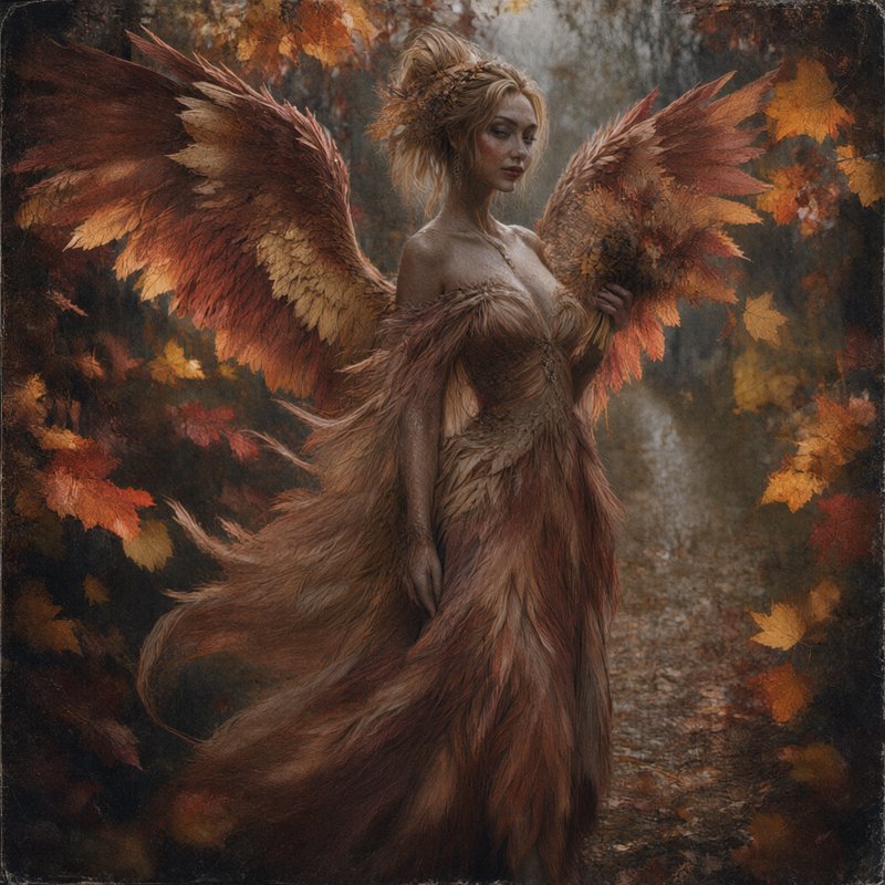 Ethereal autumn angel with feathered wings standing on a misty fall forest path