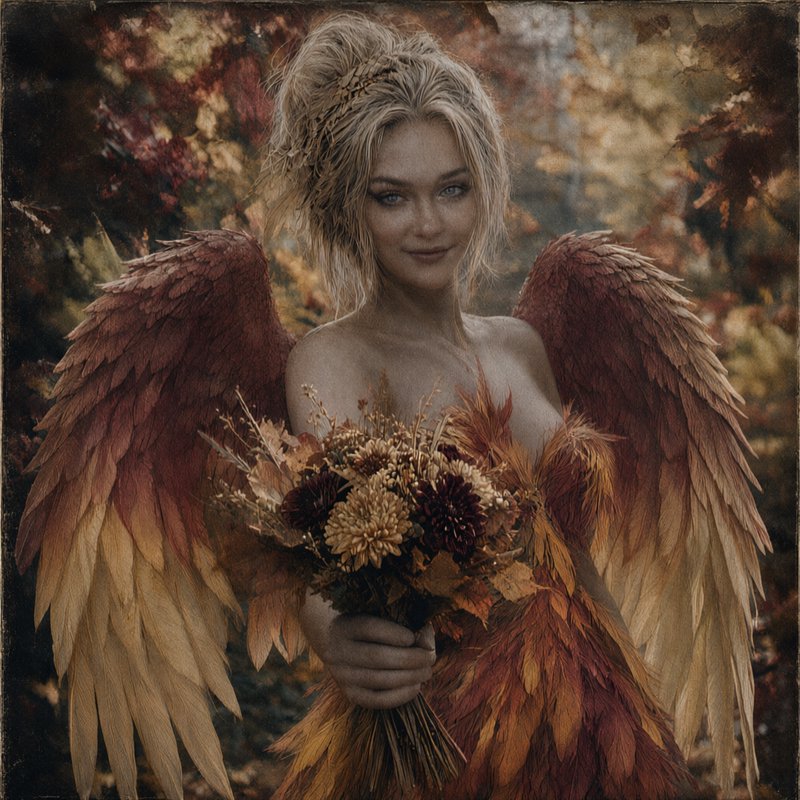 Ethereal blonde autumn angel with gradient feathered wings holds a dried fall bouquet in a forest