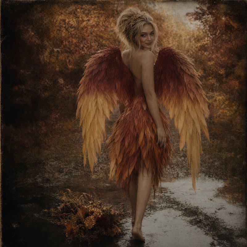Blonde winged woman with red-to-gold phoenix wings looks back while walking barefoot on a wet aut...