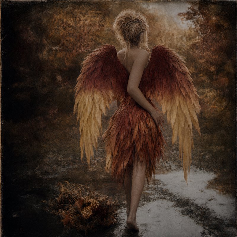 Winged angel woman with rust and gold gradient feathers standing barefoot on a wet autumn forest ...