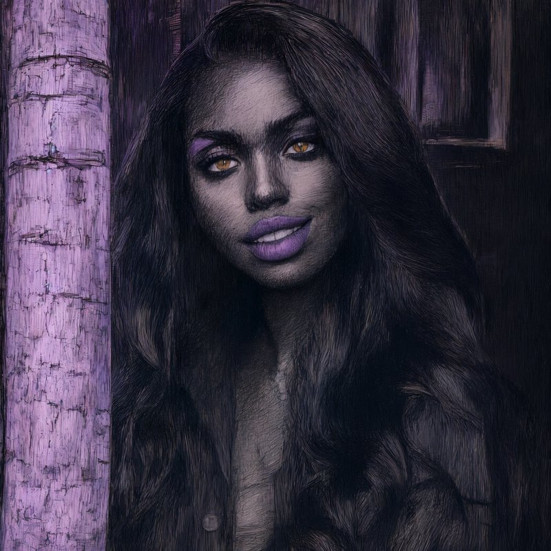Textured crosshatch portrait of a woman with amber eyes, purple makeup, and long dark wavy hair