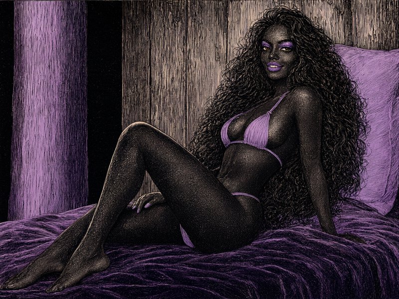 Illustrated dark-skinned woman with long curly hair in purple lingerie reclining on a plush purpl...