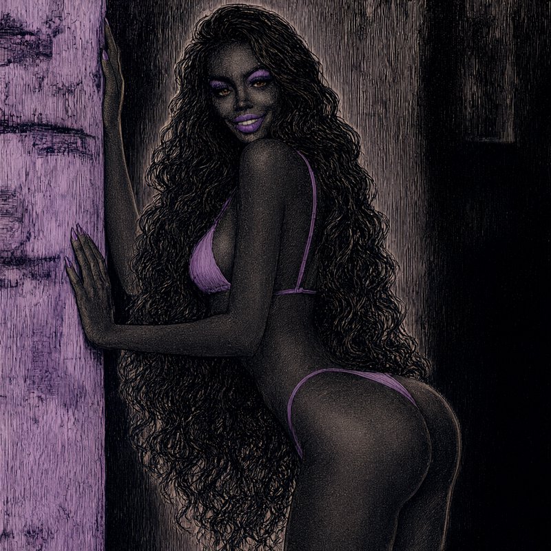 Illustrated dark-skinned woman in a purple bikini smiling over her shoulder while leaning on a pu...