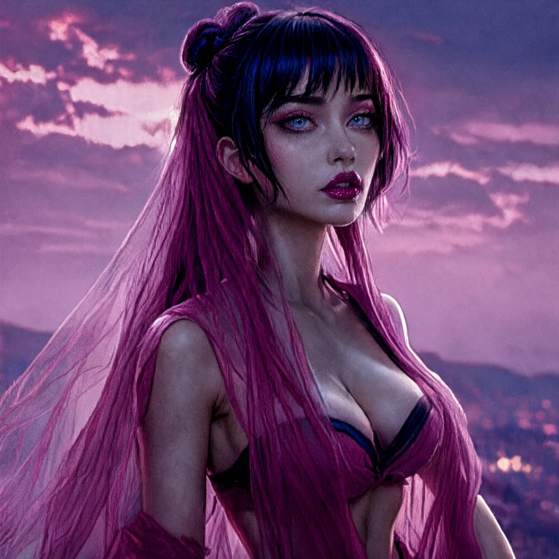 Stylized fantasy woman with magenta hair stands before a pink-purple sunset over glowing distant ...