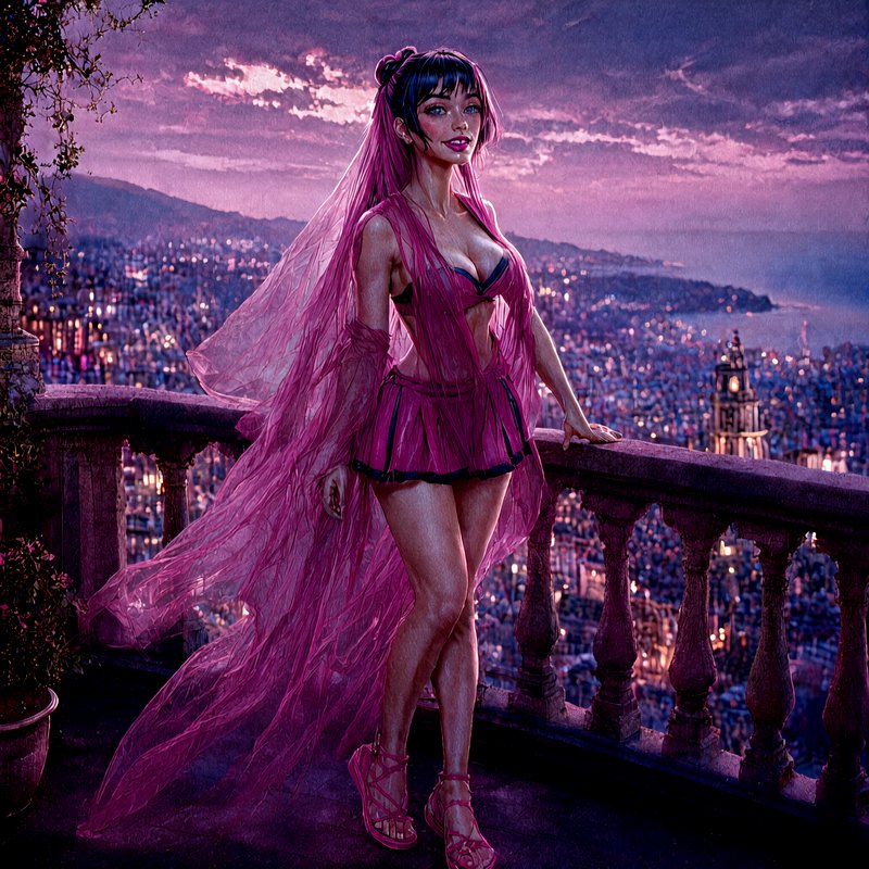 Fantasy woman in pink attire stands on a stone balcony overlooking a glowing coastal city at purp...