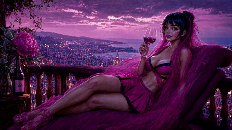 Woman with long pink hair holds a wine glass while reclining on a balcony overlooking a glowing c...