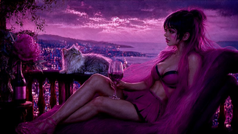 Woman with long pink hair holds a wine glass on a balcony beside a fluffy cat at purple twilight