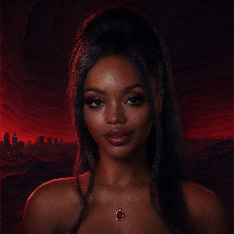 Portrait of a dark-skinned woman with a ruby pendant against a dramatic red city skyline backdrop