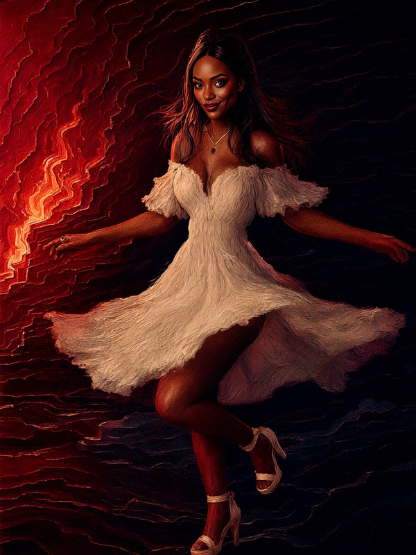Graceful Black woman in a flowing white off-shoulder dress dances against a fiery textured red an...