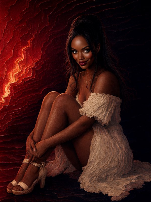 Smiling dark-skinned woman in a cream off-shoulder dress sits against a swirling textured red bac...