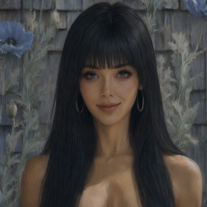 Painterly portrait of a woman with long straight black hair in front of blue poppies and wooden wall