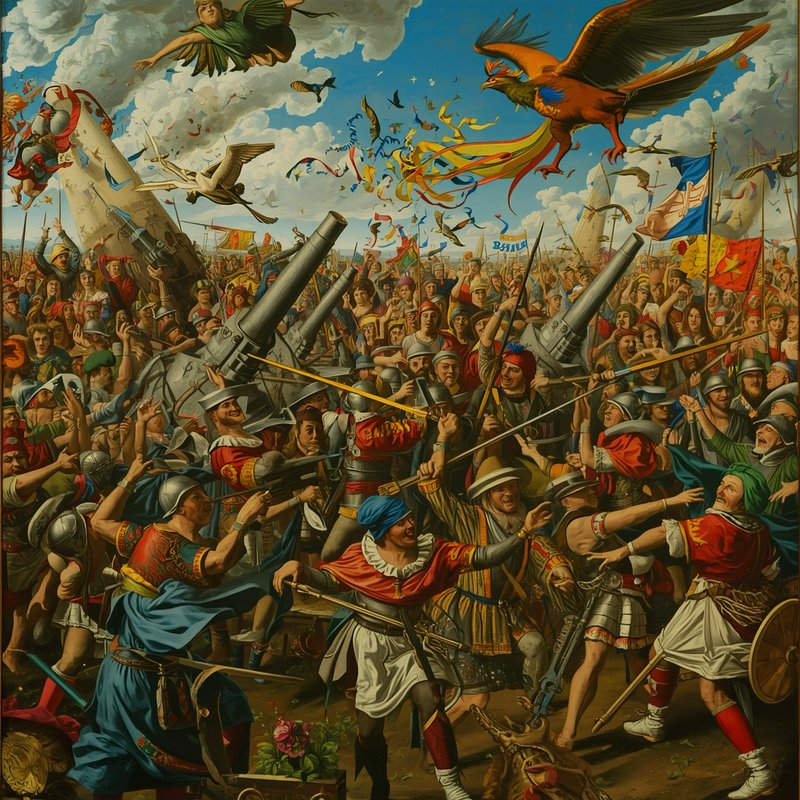 A crowded historical battle scene with soldiers, cannons, and banners clashing under a cloudy sky...