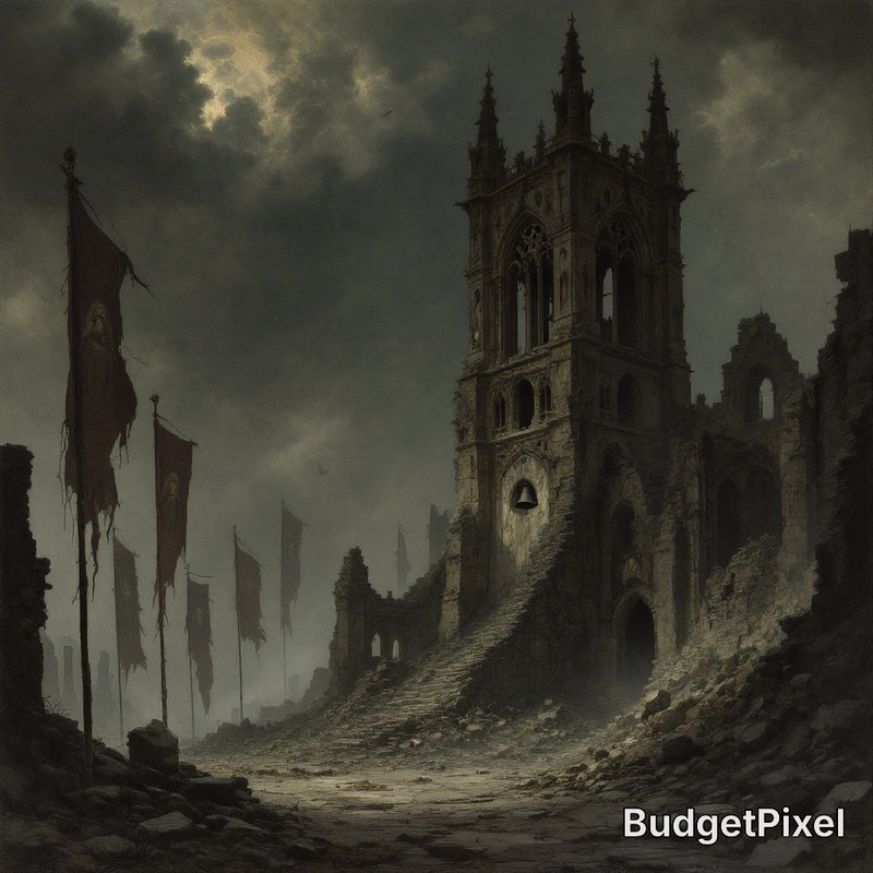 Crumbling gothic cathedral ruin sits beside a rubble path lined with tattered banners under a dar...