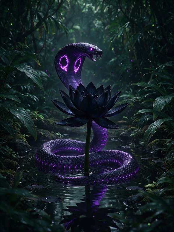 Glowing purple magical cobra rises behind a black lotus flower in a misty dark jungle pond