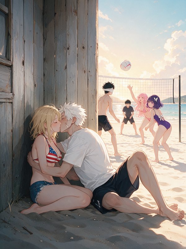 Anime couple kissing next to a wooden beach hut while friends play volleyball on a sunny summer b...