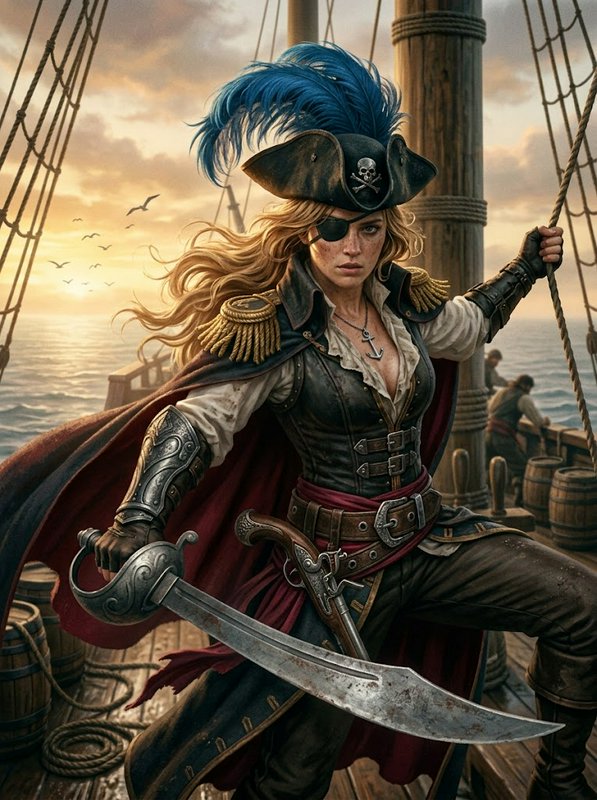 Fierce female pirate captain with plumed hat and eye patch holds a cutlass while standing on a ga...
