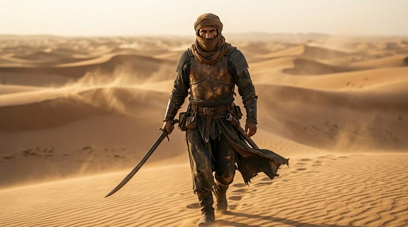 Armored nomad warrior holding a scimitar walks across wind-blown desert sand dunes