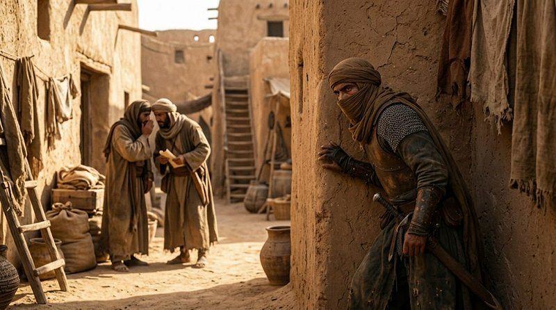 Armored robed warrior hides behind an adobe wall while two men whisper in a desert village alley