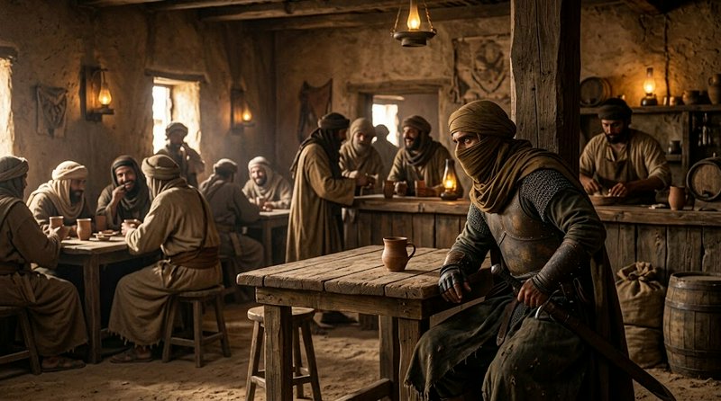 Masked armored warrior sits at a wooden table inside a crowded historic middle eastern tavern