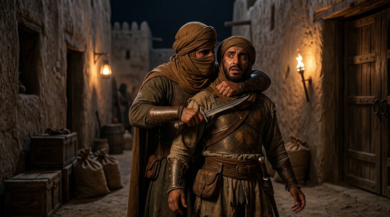 Turbaned attacker holds a dagger to a panicked soldier's throat in a nighttime desert city alley