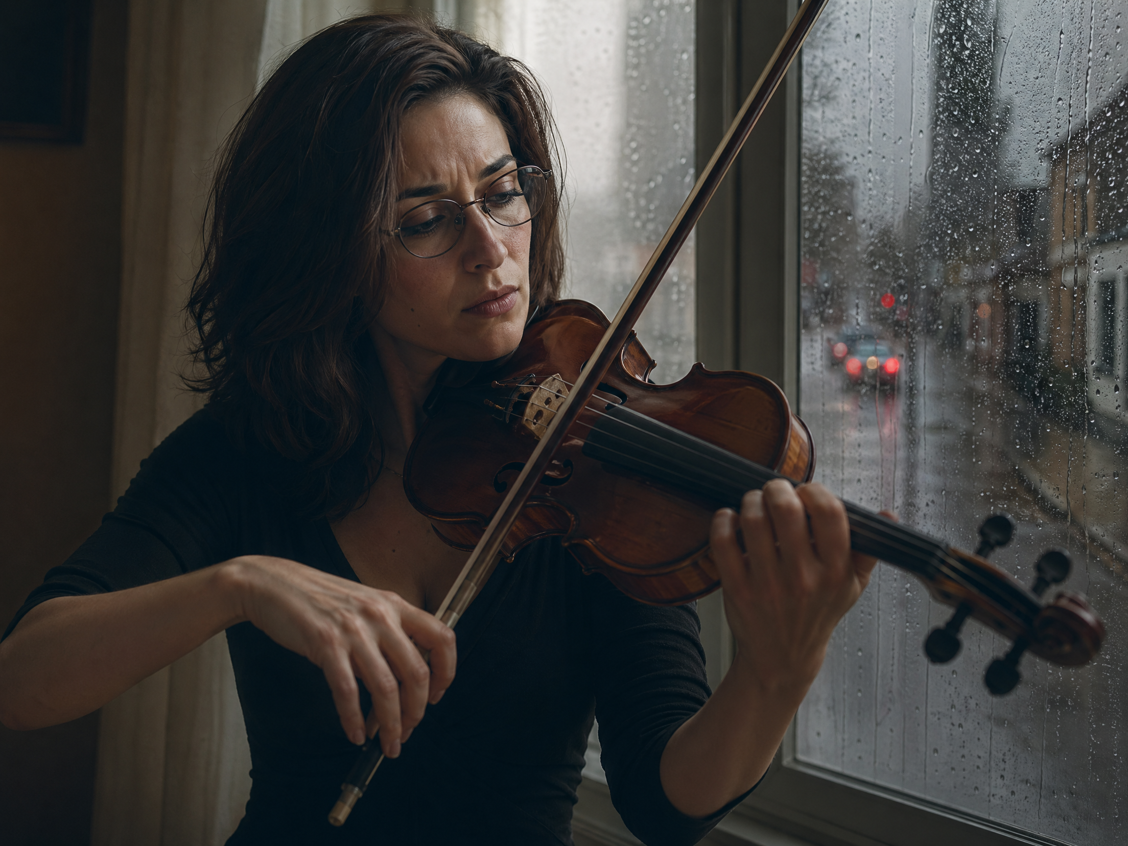 Woman playing violin by a rain-streaked window indoors.