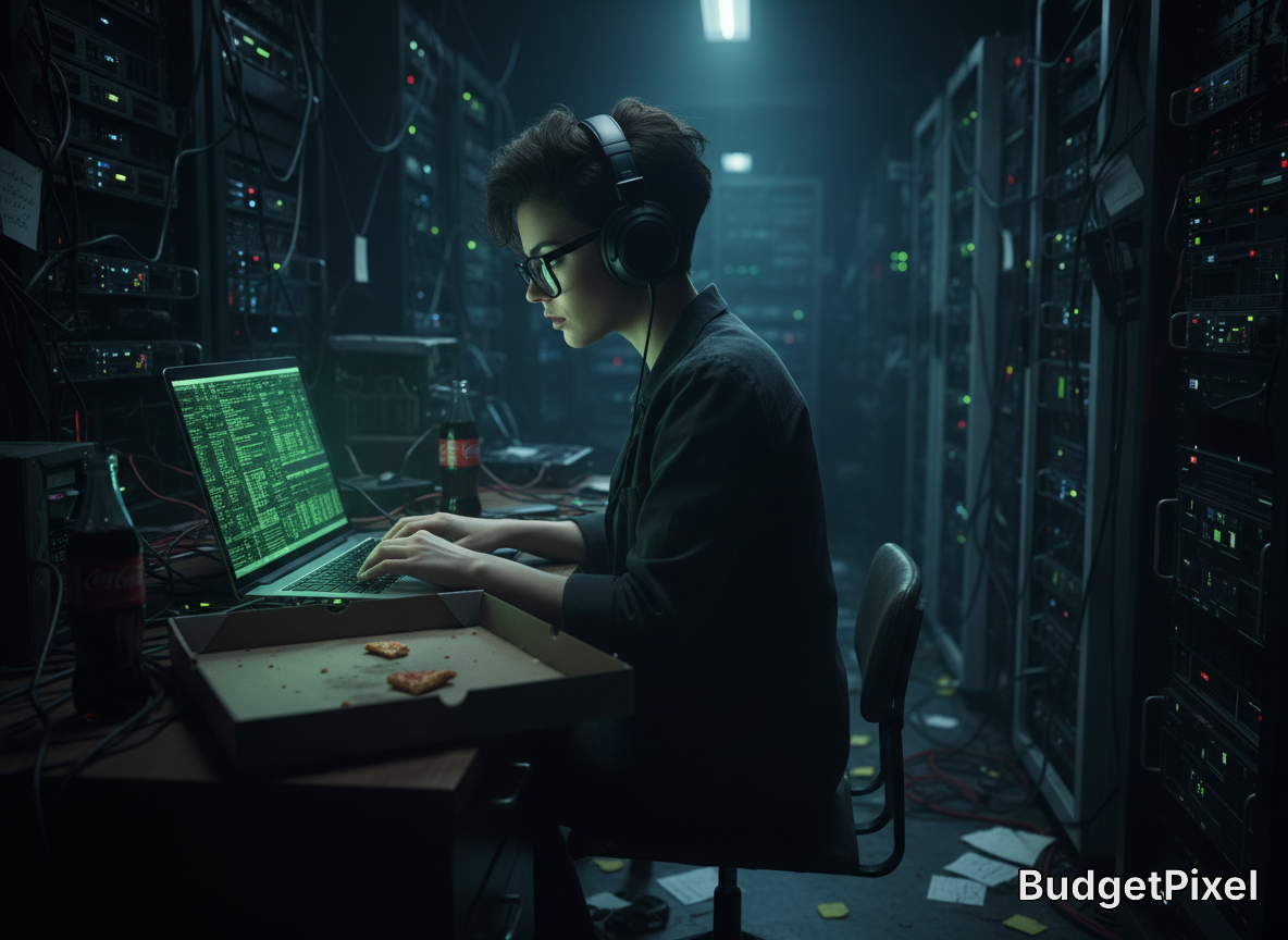A focused coder wearing headphones in a dim server room, typing on a laptop with a tray of cookies nearby.