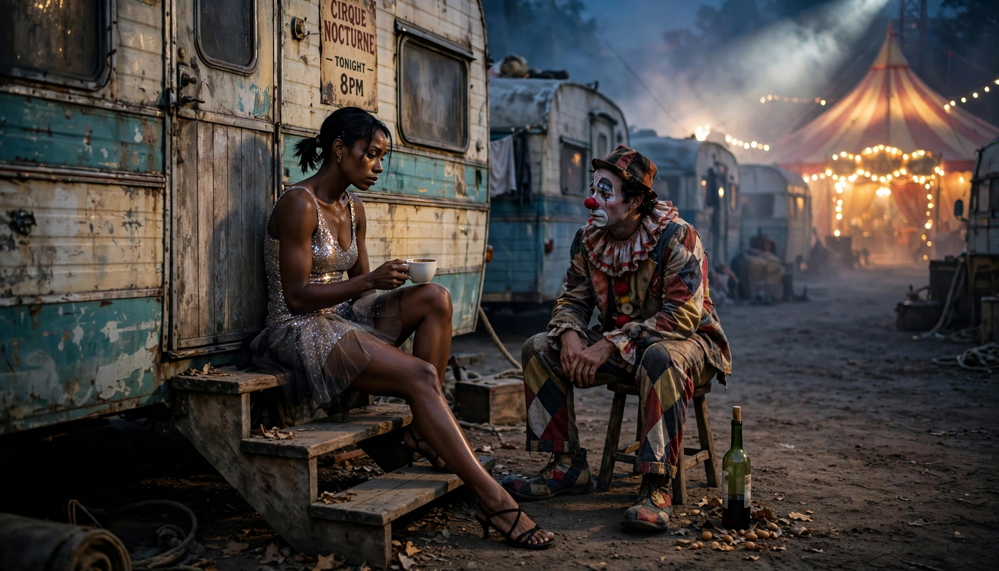 Two weary circus performers sit talking outside weathered trailers at a foggy dusk carnival camp