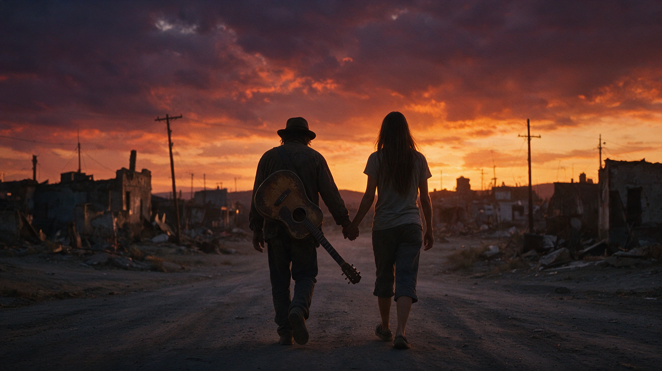 Silhouetted couple holding hands walks through post-apocalyptic ruins at sunset, man carrying an acoustic guitar