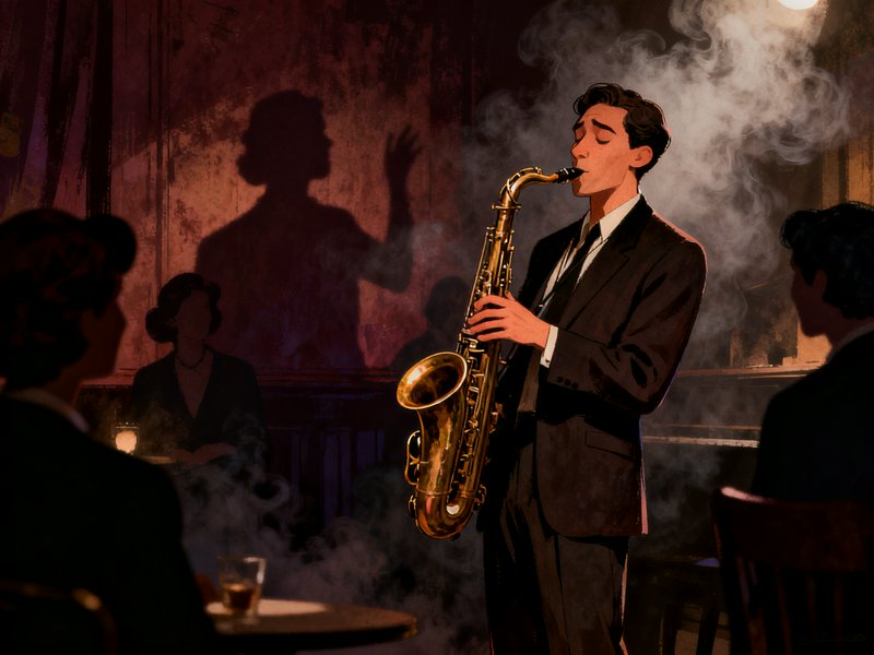 Jazz saxophonist in a suit performing in a smoky bar at night.