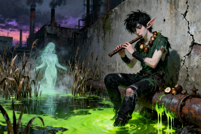 Elf-like musician with pointed ears playing a flute by glowing green slime in a ruined industrial...