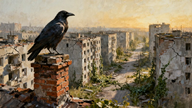 A crow perched on a brick chimney overlooking a ruined city with crumbling buildings at sunset.