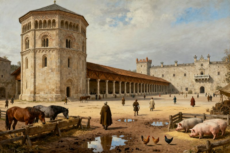 Medieval fortress courtyard with tall stone tower, colonnaded walkway, villagers, horses, and liv...
