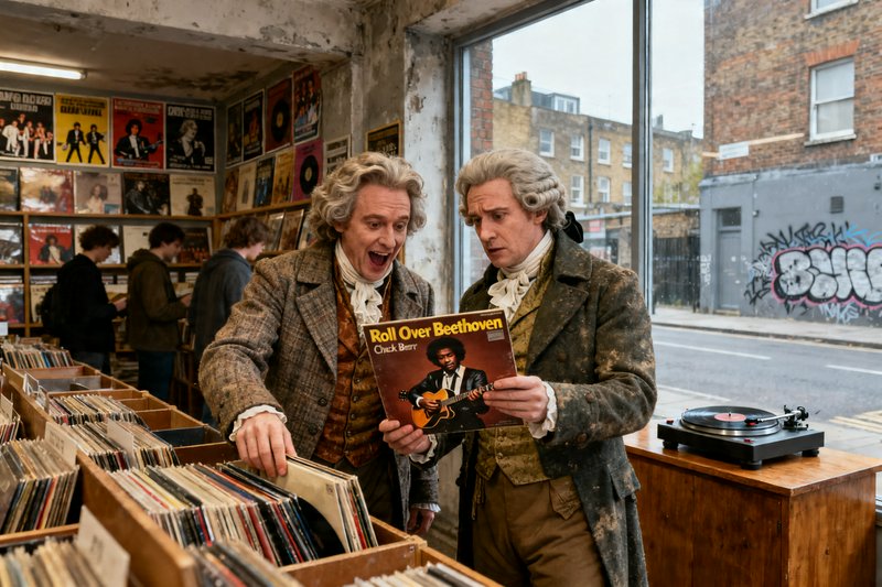 Two men in period costume browsing vinyl records in a retro record shop