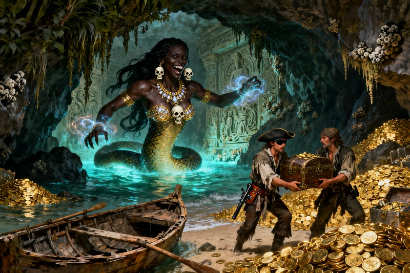 Mythical mermaid with skull jewelry emerging from a treasure-filled cavern, confronting pirates.