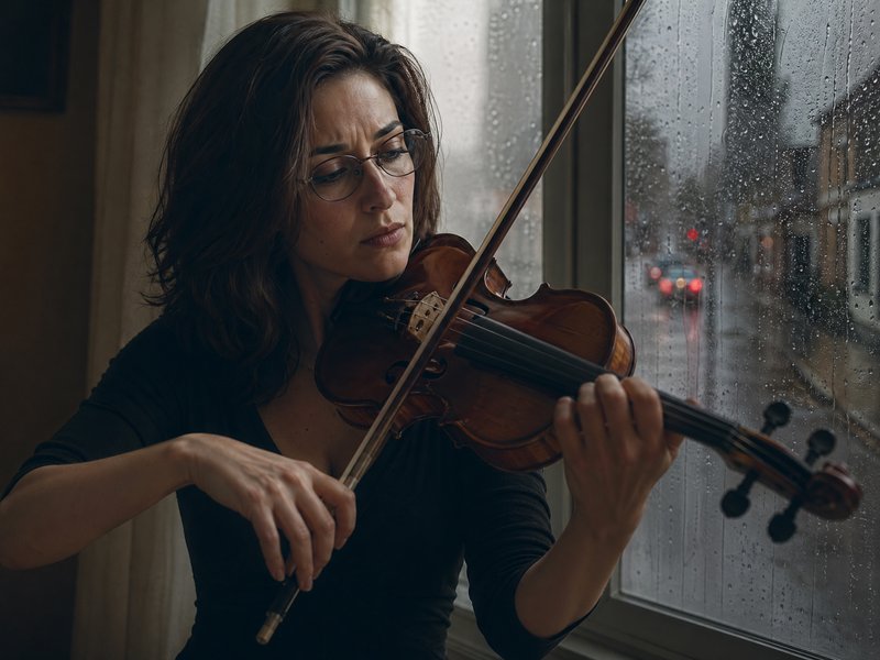 Woman playing violin by a rain-streaked window indoors.