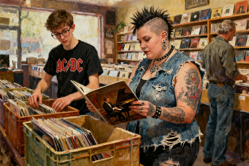 Two customers browse vinyl records in a colorful record store; punk woman with mohawk and tattoos...