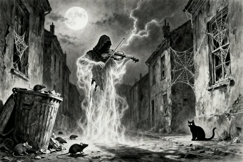 Ethereal ghost playing violin floats above a spooky, moonlit street with rats, a black cat, and t...