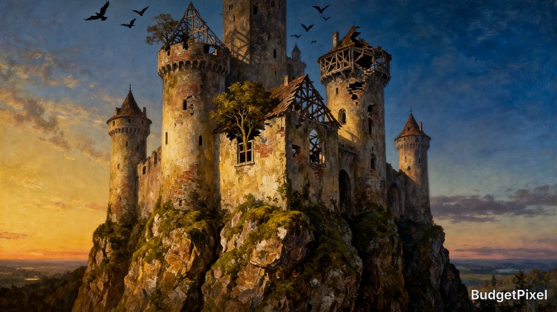 A medieval-style castle perched on a rocky cliff at sunset with birds flying overhead.