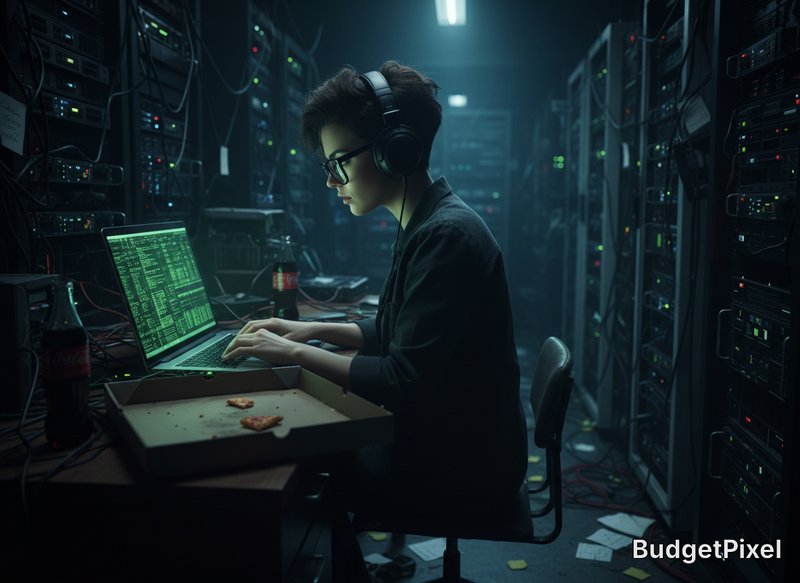 A focused coder wearing headphones in a dim server room, typing on a laptop with a tray of cookie...