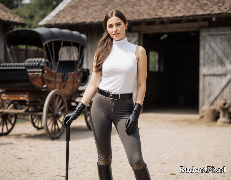 Female equestrian in riding gear holding a crop, standing at a rustic wooden barn with a vintage ...