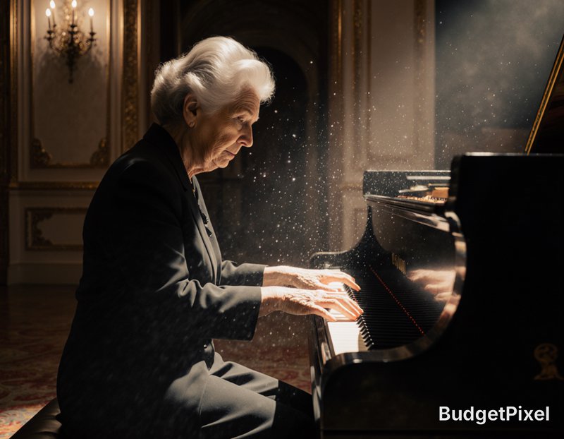 Elderly white-haired woman plays a polished black grand piano in an ornate luxury room, with glow...
