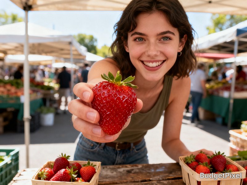 Smiling young woman holds a large ripe strawberry toward the camera at a bustling outdoor farmers...