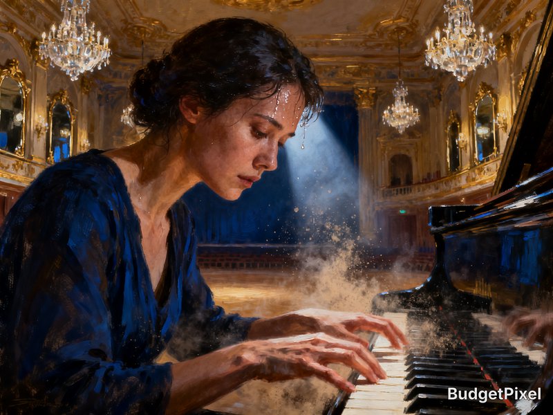 Painting of an intense, focused woman playing grand piano inside an ornate gilded baroque concert...